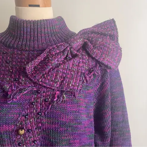 Vintage 90s Ann Wi Sweater Purple Green Embellish Boucle Bow Fringe Beads Large