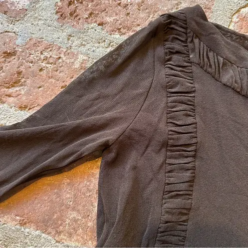 Elegant Brown Ruffle Trim Top Ruching Transparent Sheer Long Sleeve Size XS/S