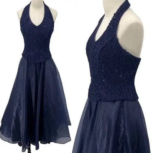 Vintage Y2k Gown Fit & Flare Halter Neck Embroidered Sequins Maxi Navy Blue XS