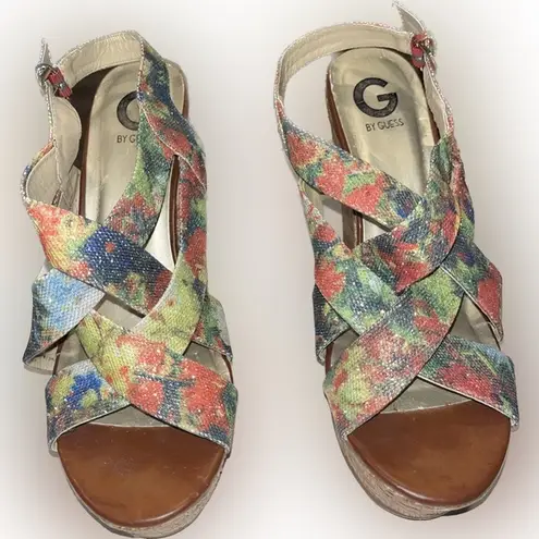 G by Guess Floral Vibrant Glitter Strappy Wedges Platform Shoes - Size 11M