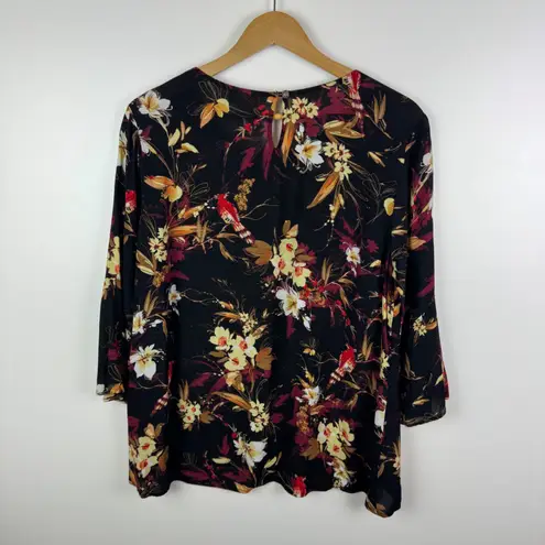 J Jill Floral Bird Cardinal Blouse Medium Artsy Rayon Lightweight Boho Flowy Black