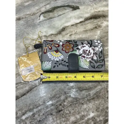 Anuschka Women's Hand Painted Wallet Floral Design Gray Green Leaves