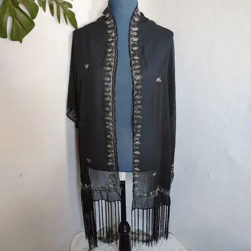 Boho Wrap Scarf Shawl w/ Fringe Black