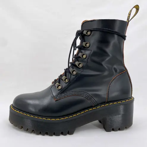 Dr. Martens Leona Black Vintage Smooth Leather Heeled Lace Up Platform Boots 8