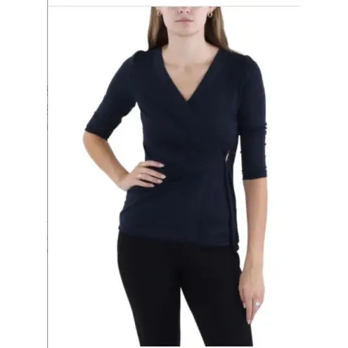 Ralph Lauren Lauren  Womens 3XL Black Label Top‎ Navy Blue 3/4 Sleeve Wrap Front