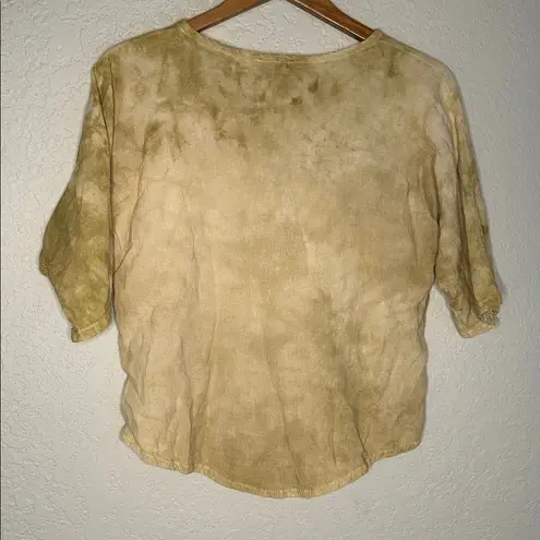 Oh My Gauze! Tie Dye Top Size 1 Lagenlook Casual Notch V Neck Tan Olive Size M
