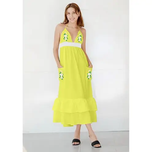 Fanm Mon Yamile Floral Embroidered Halter Tie Neck Midi Dress Size XS