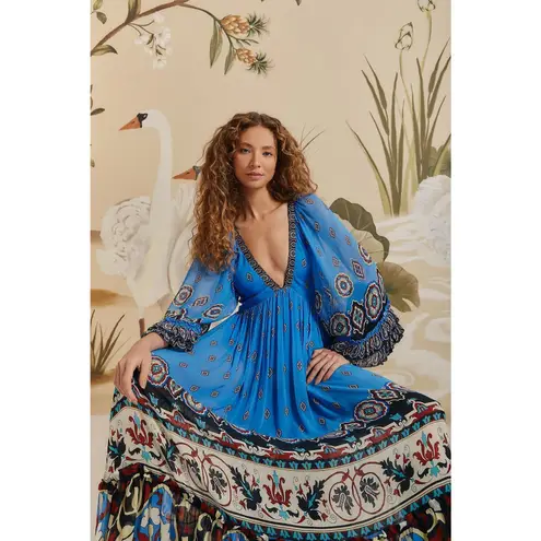 Farm Rio Blue Black Bell Sleeve Ainika Tiles Flowy V-Neck Maxi Gown Size XS