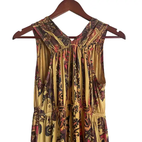 One World Women Maxi Dress S Yellow Batik Print Retro Style Boho Jersey Stretch