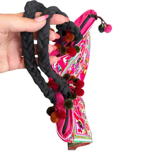 Handmade Thailand Eclectic Embroidered Tote Bag Bright Artsy Vibrant Beach