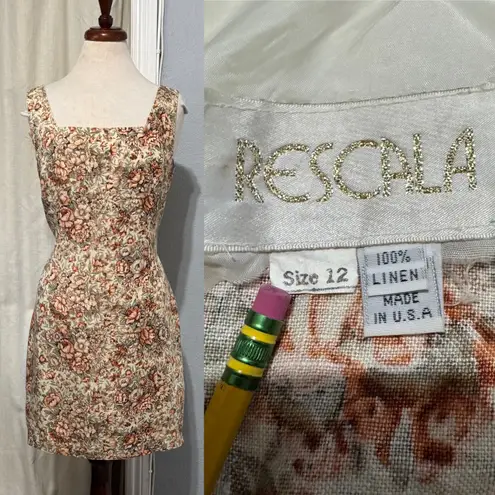 Vintage 90s RESCALA Linen Floral Square Neck Sleeveless Mini Dress Size 12 White