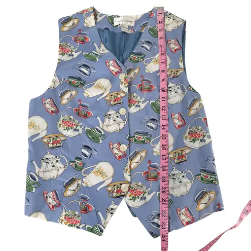Vintage Casual Corner Women's Silk Tea Cup Teapot Print Vest Blue Size L Cottage Size L