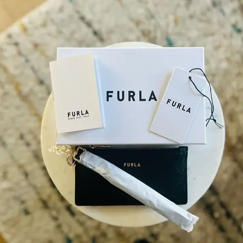 Furla Classic Credit Card Case Leather Wallet Wristlet, Black, Wrist Strap, NWT