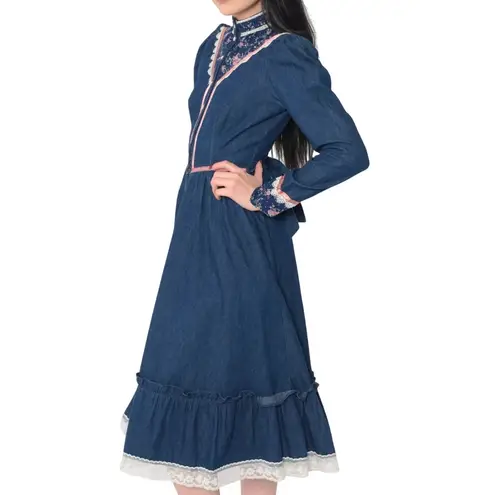 Gunne Sax 1970s Vintage Blue Denim Calico Floral Trim Maxi Dress Prairie Dress 3