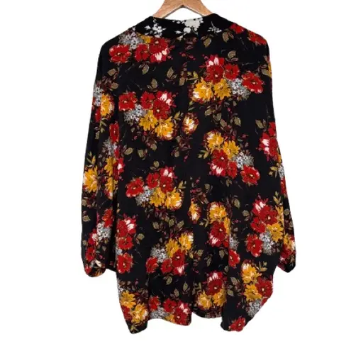 Time and Tru Fall Floral Print Dolman Sleeve Open Front Kimono Rayon Size OS Red