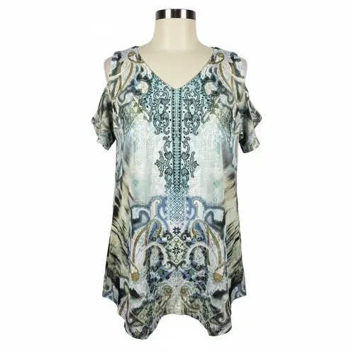 One World Blouse 1X Cold Shoulder Tunic Top Mandala Print Boho Hippie Colorful