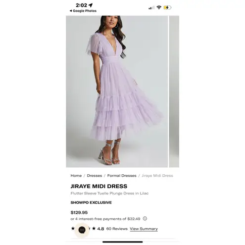 Showpo Jiraye Midi Dress Flutter Sleeve Tulle Plunge Lilac Sz 12 NWT Purple