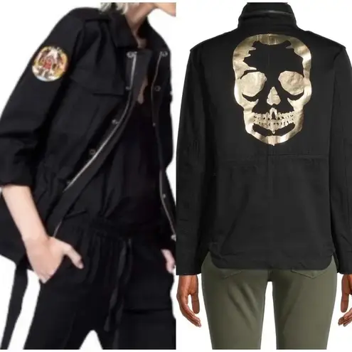 Zadig & Voltaire Kayak Mili Skull Military Jacket in Black Gold Size US XS