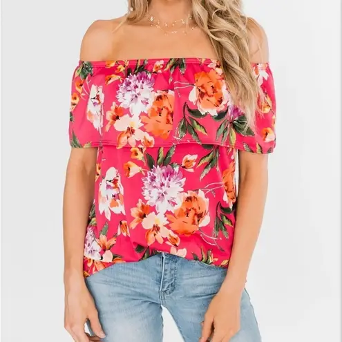 White Birch Tropical Oasis‎ Off The Shoulder Floral Top- Fuchsia