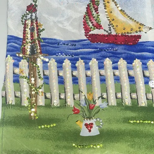 Quacker Factory NWT Size XS Beach Sailboat Sequin 100% Silk Button Up Blouse Top