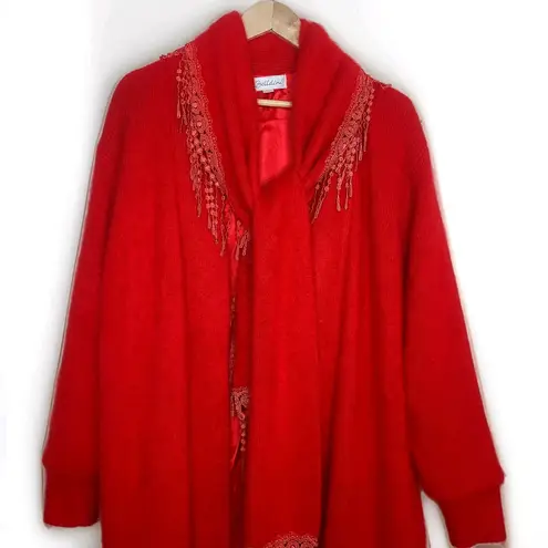 Vtg Belldini Cardigan Women Large‎ Angora Rabbit Hair Lined Sweater Long Jacket Red