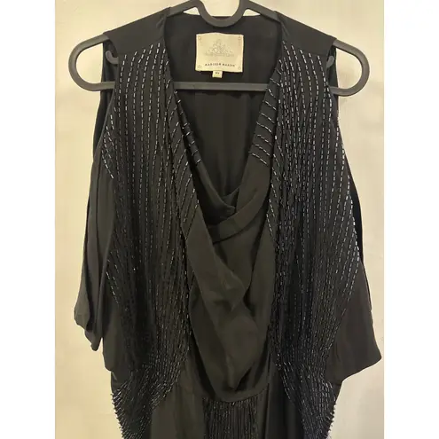 Madison Marcus Black Beaded Cold Shoulder Drape Neck Tunic Top XS