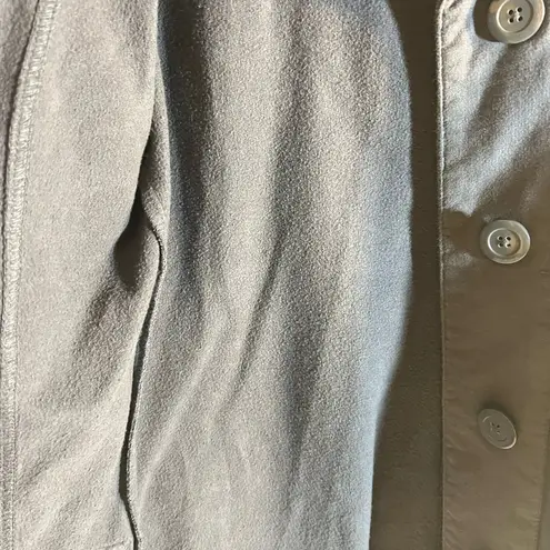 prAna Grey Coat with Striped Collar, stripe details at collar and cuffs, longer