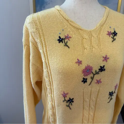 Northern Reflections Vintage Yellow Floral Embroidered Cable Knit V-Neck Sweater