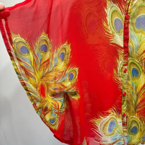 Red Peacock Feathers Sheer Button Front Blouse with Short Flutter Sleeves Size XL