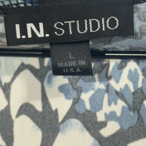 Y2K I.N Studio Floral Wrap Blouse Top L Blue Black Officecore Retro Workwear USA Size L