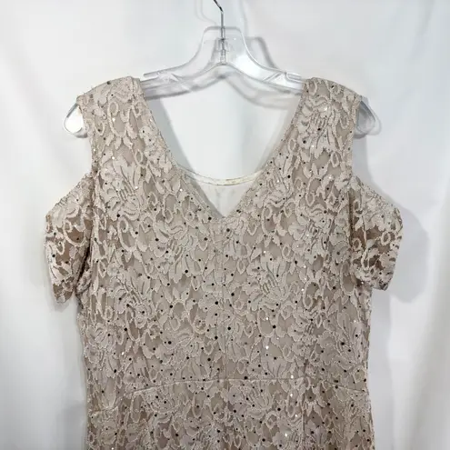 Candalite Plus Sz 2X Dress Maxi Beige Lace Sequin Cold Shoulder Full Length 794
