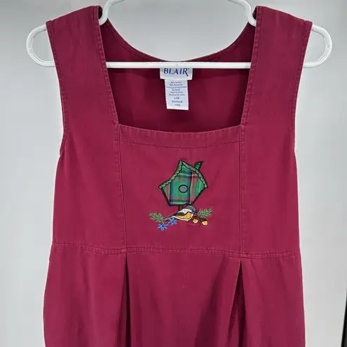 Blair  Burgundy Midi overall Dress jumper embroidered birdhouse L cottage