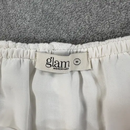 Glam Off Shoulder White Floral Embroidered Tunic Top Size Medium Gauzy Cotton