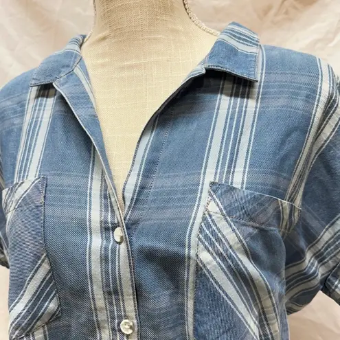 Thread and Supply  Plaid Chambray Short Sleeve Button Up Blouse Size S