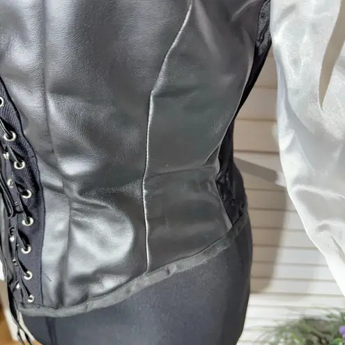 Pirate costume Corset Top Blouse Faux Leather Satin Bell Sleeves Black/ White M Black Size M