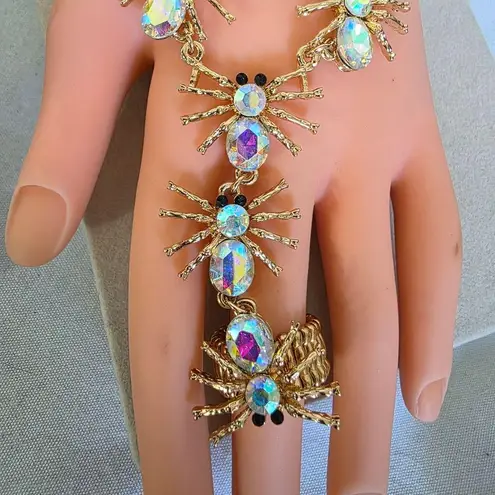 Boutique Unique Statement Gold Bracelet / Anklet with Attached Ring AB Spider Des…