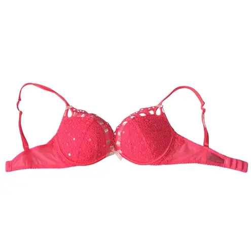 Victoria's Secret Victoria’s Secret Coral Floral Embroidered Sequin Push Up Bra 32D Bows Neon Pink