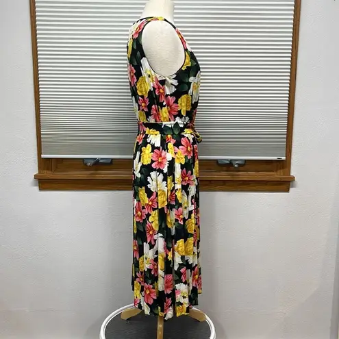 T Tahari Black Floral Print Sleeveless Pleated Belted Midi Dress Size Medium