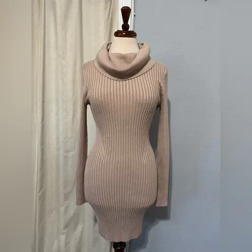 V28 Women Cowl Neck Sweater Long Sleeve Ribbed Knit Fitted Beige Dress Size M Tan Size M