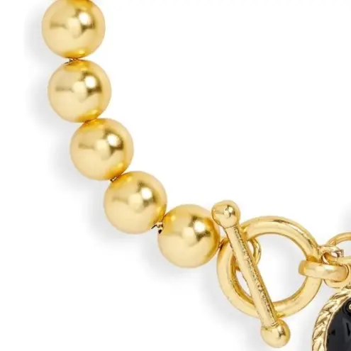 NWT Karine Sultan Black Enamel Bee Coin Charm Ball Chain Bracelet 24K Gold