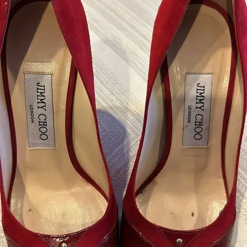 Jimmy Choo Women’s Red Suede Rocky Peep-Toe Pumps