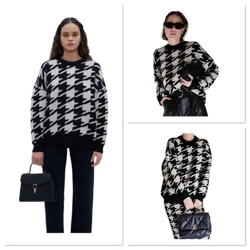Sandro Houndstooth Sweater Black White Chunky Knit Oversized Women Medium Wool