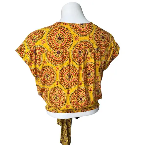 Anthropologie Maeve Cap Sleeve Wrap Top Mixed Media Yellow Printed Blouse, Sz S