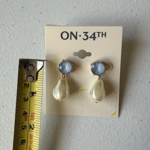 NWT On 34th baroque Imitation pearl and blue stud Drop earrings Gold Tone
