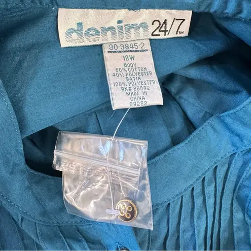 Denim 24/7 Vintage Y2K Teal Turquoise Popover Top Satin Trim Pleated Size 18W Blue