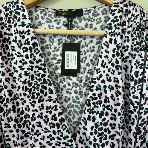 Maje Draped Leopard Print Mini Dress Women's XL Pink Faux Wrap Ruched Party NWT