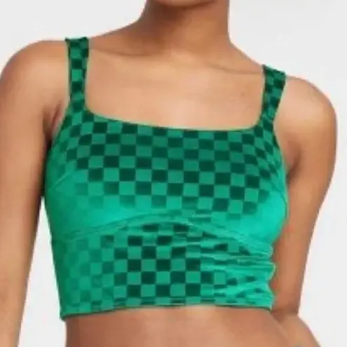 NWT Colsie Y2K 90s Crop Tank Top Womens S Green Velvet Checker Print Retro Rave