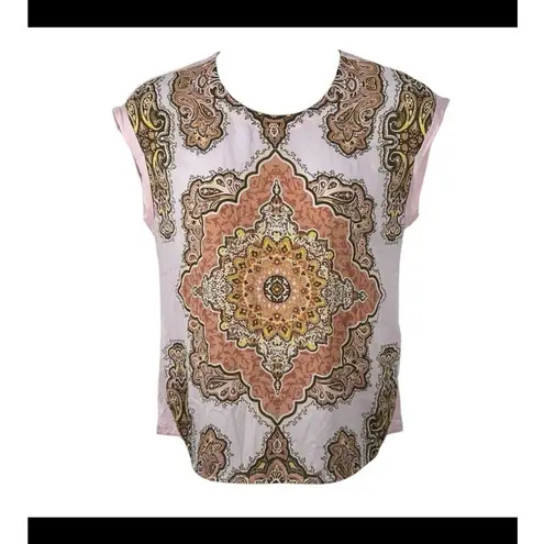 DR2 Boho Mandala Print Top NWT Pink Orange Yellow Short Sleeve Small