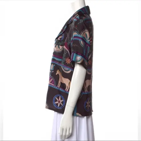 Patbo Satin Cordel Print Scarf Pattern Short Sleeve Button Down Peacocks Multi S