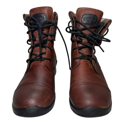 Keen Brown Leather Combat Boots • Fold-Over Aztec Knit Lining • Women’s 6